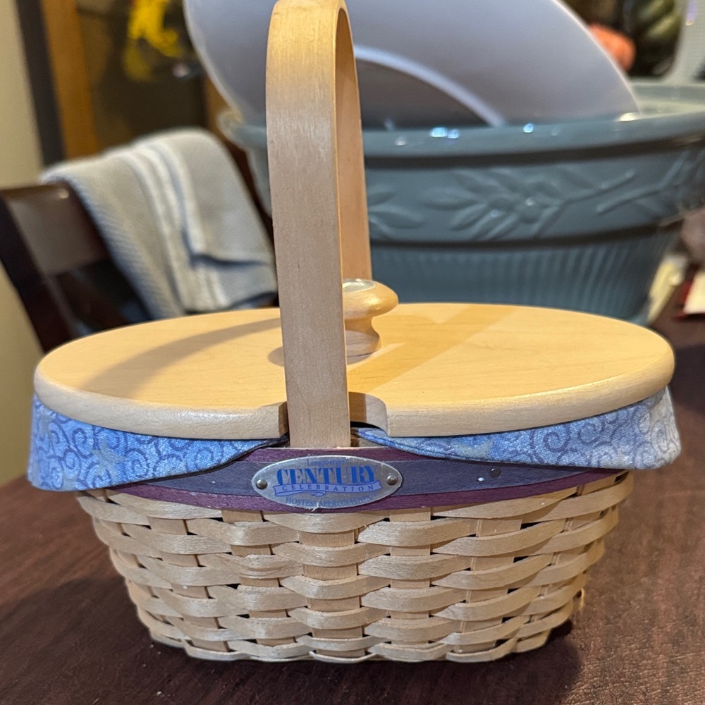 Longaberger Basket with Blue Trim and Wooden Lid